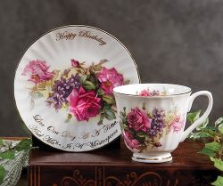 Happy Birthday inscription tea cup/saucer